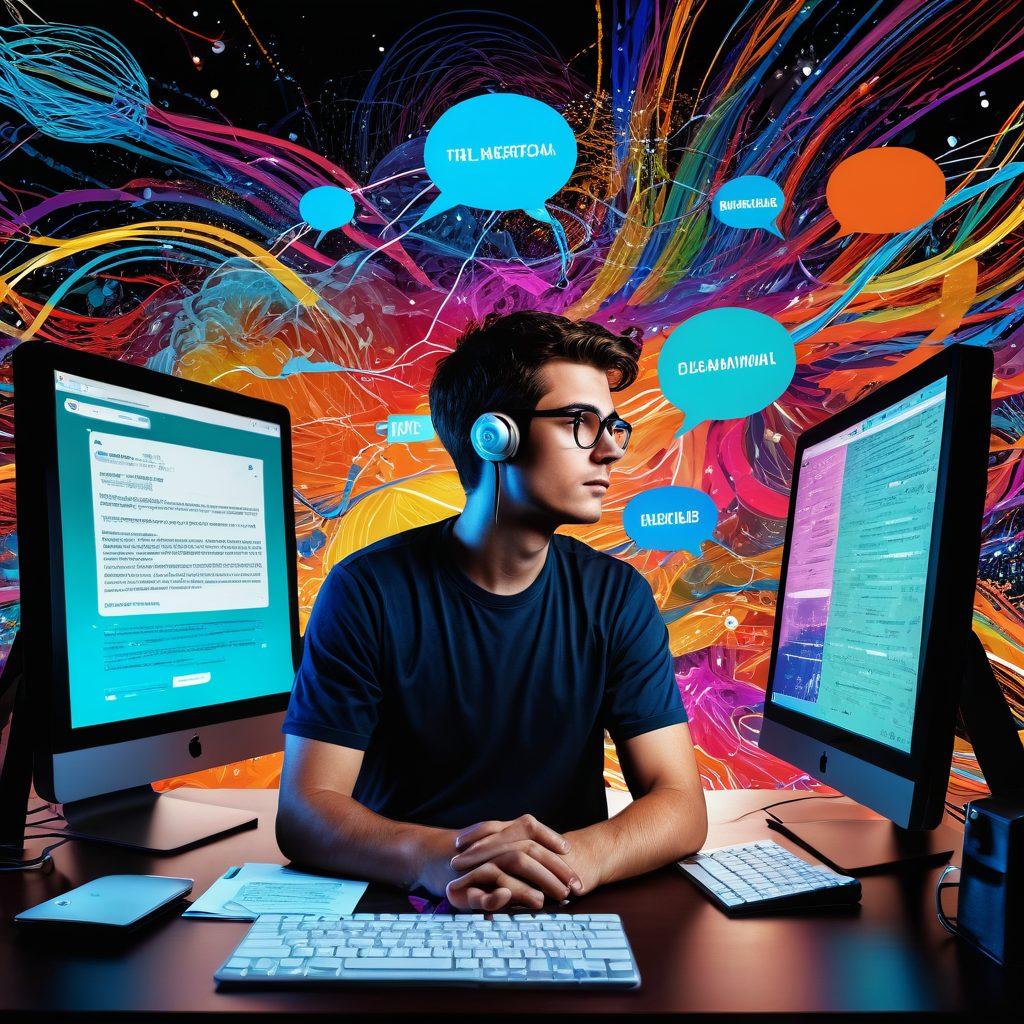 A person at a computer surrounded by swirling thoughts represented by colorful chaotic lines and speech bubbles, embodying various provocative ideas and controversies. In the background, a digital landscape filled with screens showcasing headlines and animated discussions. The scene is vibrant and energetic, symbolizing the dynamic nature of the blogosphere. super-realistic. vibrant colors. digital art.
