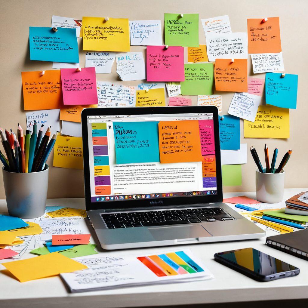 An open laptop surrounded by scribbled notes and colorful sticky notes, showcasing a dynamic contrast between chaos and inspiration. The screen displays a vibrant blog interface brimming with engaging blog titles and comments. A coffee cup spills over slightly, symbolizing the intense creative process. The background features a wall filled with motivational quotes and images, radiating a powerful energy of transformation. super-realistic. vibrant colors. creative workspace.
