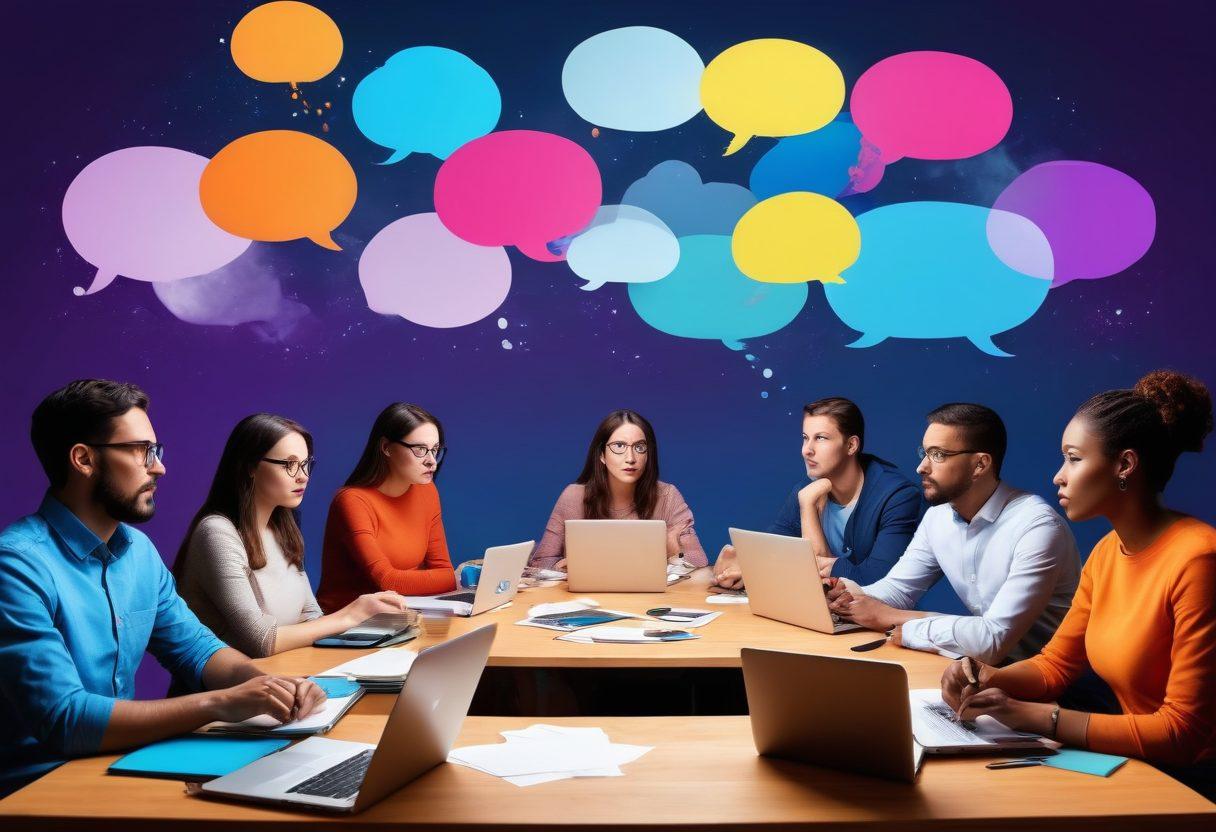 A dynamic scene featuring diverse individuals passionately engaged in a debate around a table covered with various content creation tools (laptops, cameras, notepads). The background showcases colorful thought bubbles illustrating controversial topics like climate change and technology. Expressions of curiosity and intensity on their faces bring the discussion to life. The setting is modern and inviting, symbolizing an open space for ideas. vibrant colors. modern illustration.